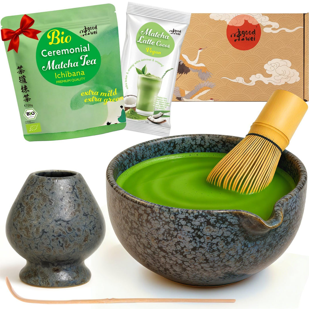Goodwei Matcha-Set komplett mit hochwertiger Matcha Schale aus Keramik mit Ausgiesser, Matcha Besen