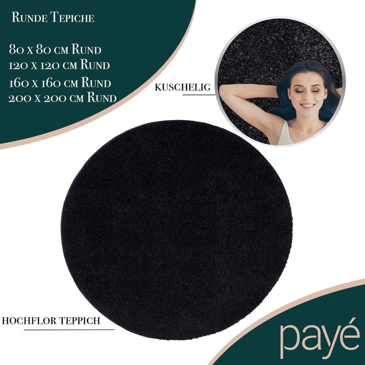 payé Teppich Rund Hochflor Shaggy - 200x200cm - Schwarz Einfarbig Uni Flauschig Modern Boho Wohnzimm