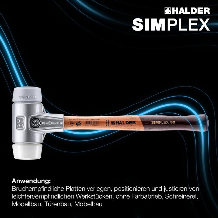 SIMPLEX-Schonhammer, TPE-mid/Superplastik; mit Aluminiumgehäuse und hochwertigem Holzstiel | D=50 mm