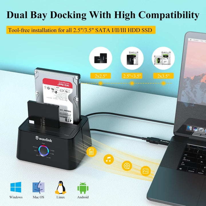 WAVLINK Dual Bay SATA zu USB3.0 / USB C Externe Festplatten Docking Station für 2,5 oder 3,5-Zoll-HD