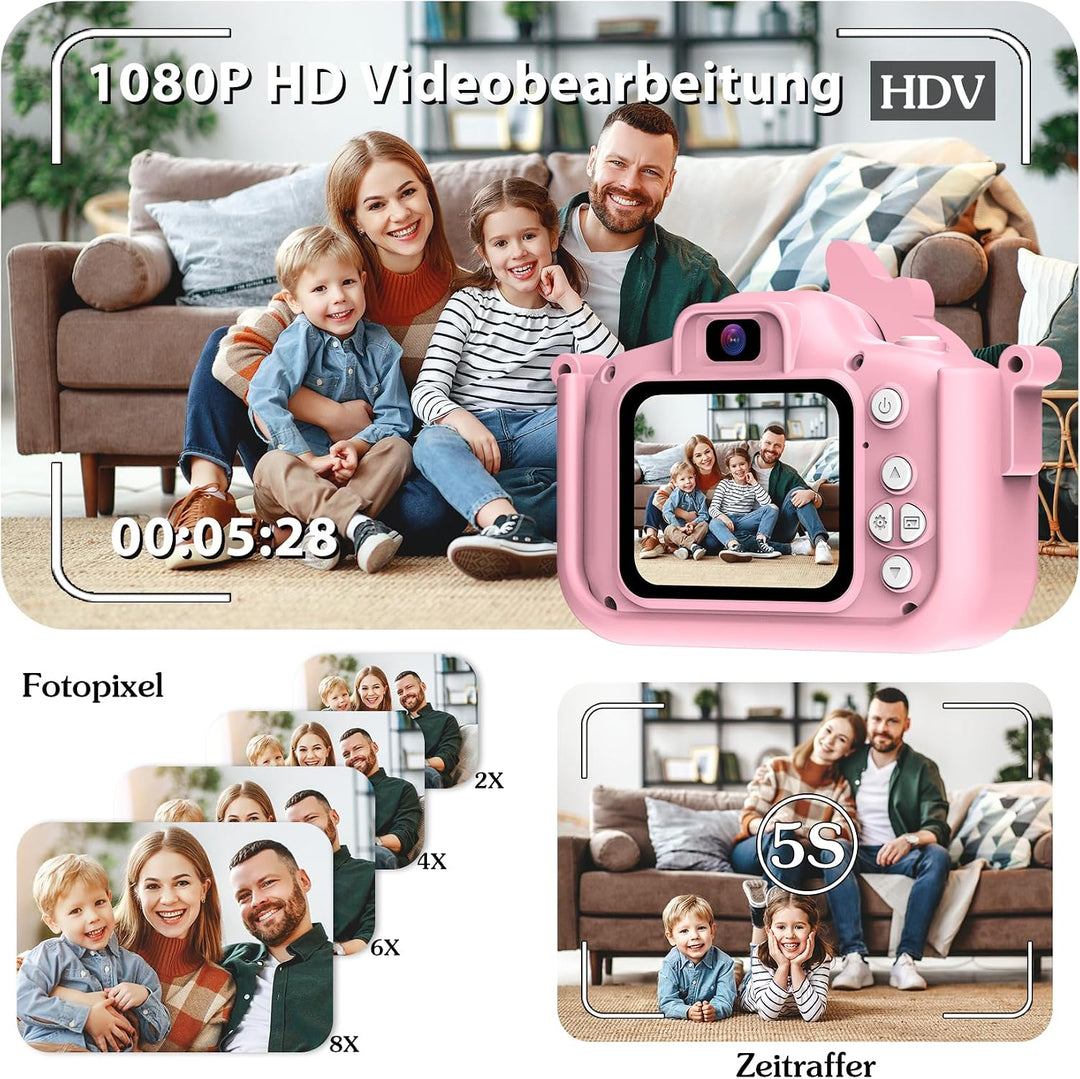 Kinderkamera mit 32GB Karte 1080P HD Kinder Digitalkamera Rosa Kids Camera