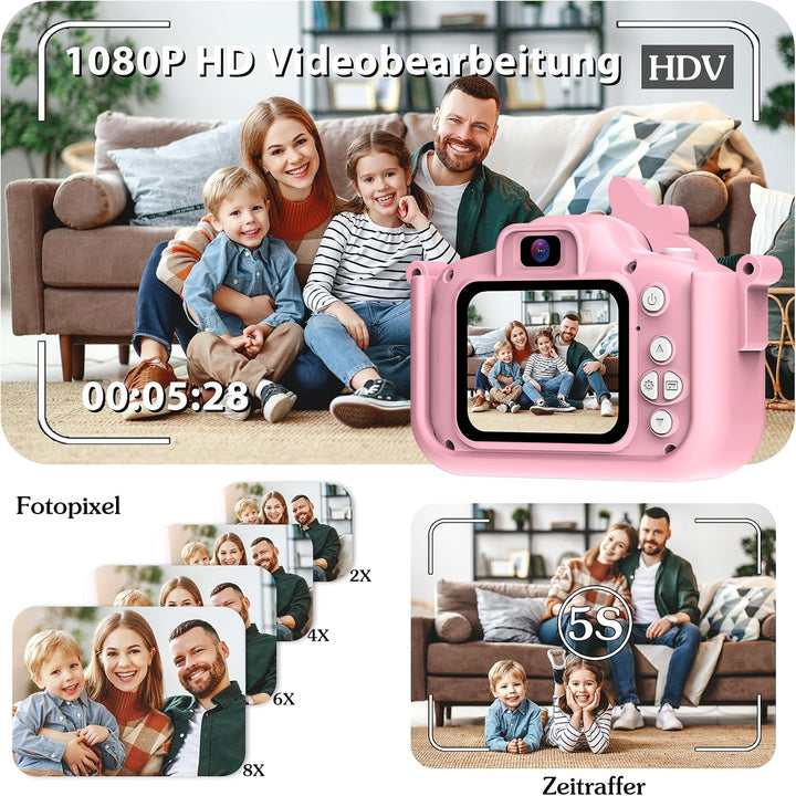 Kinderkamera mit 32GB Karte 1080P HD Kinder Digitalkamera Rosa Kids Camera