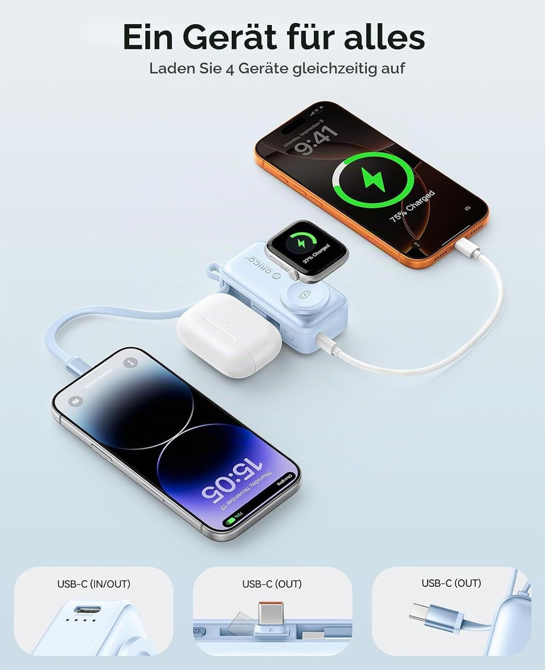 ORICO Mini Powerbank 5000mAh, PD 22,5W Externe Handyakkus mit Klappbarem USB-C Stecker &amp; USB-C Kabel
