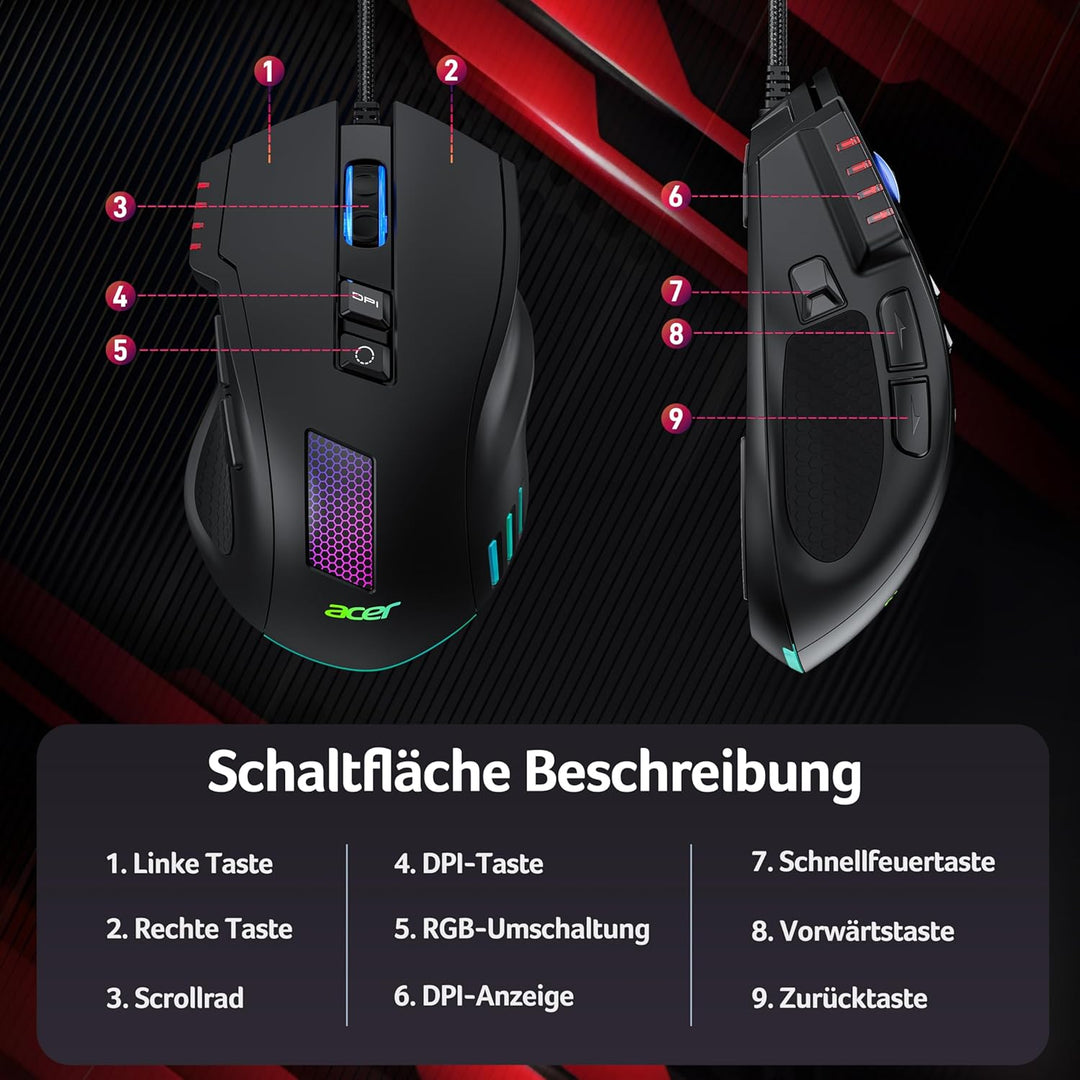 acer Gaming Maus mit Kabel 12800 DPI, Wired Computer Mouse Gaming mit Treiber, 1000Hz Abfragerate un