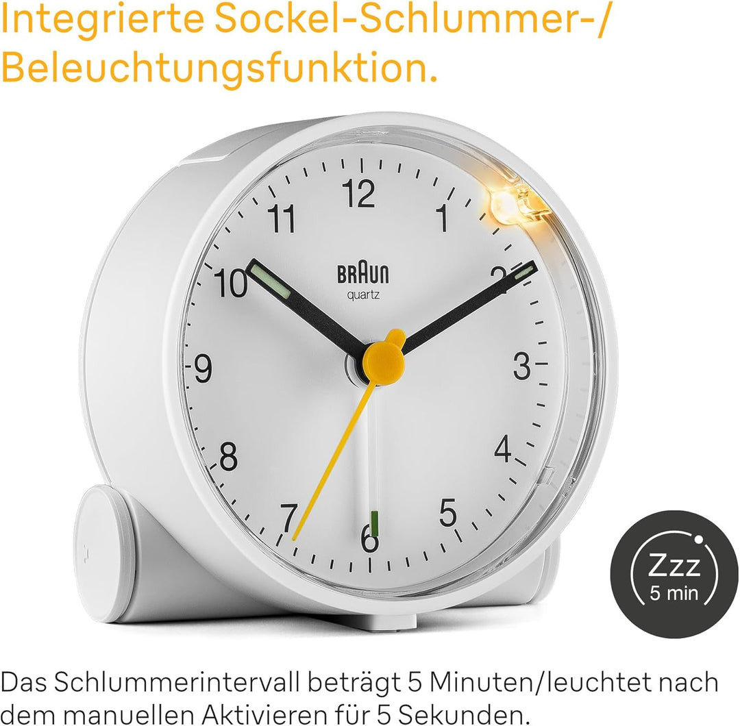 Braun Klassischer analoger Wecker mit Schlummerfunktion und Licht, ruhiges Quarzuhrwerk, Crescendo-A
