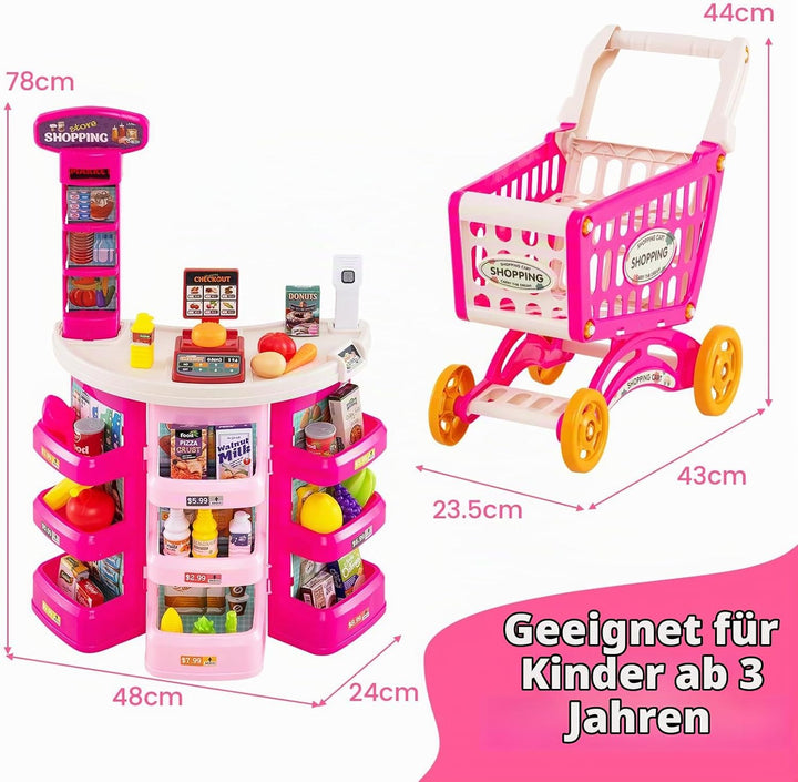 HOMASIS Supermarkt mit Einkaufswagen &amp; 29 Zubehör, Kaufladen mit Licht &amp; Sound, Kaufmannsladen mit K