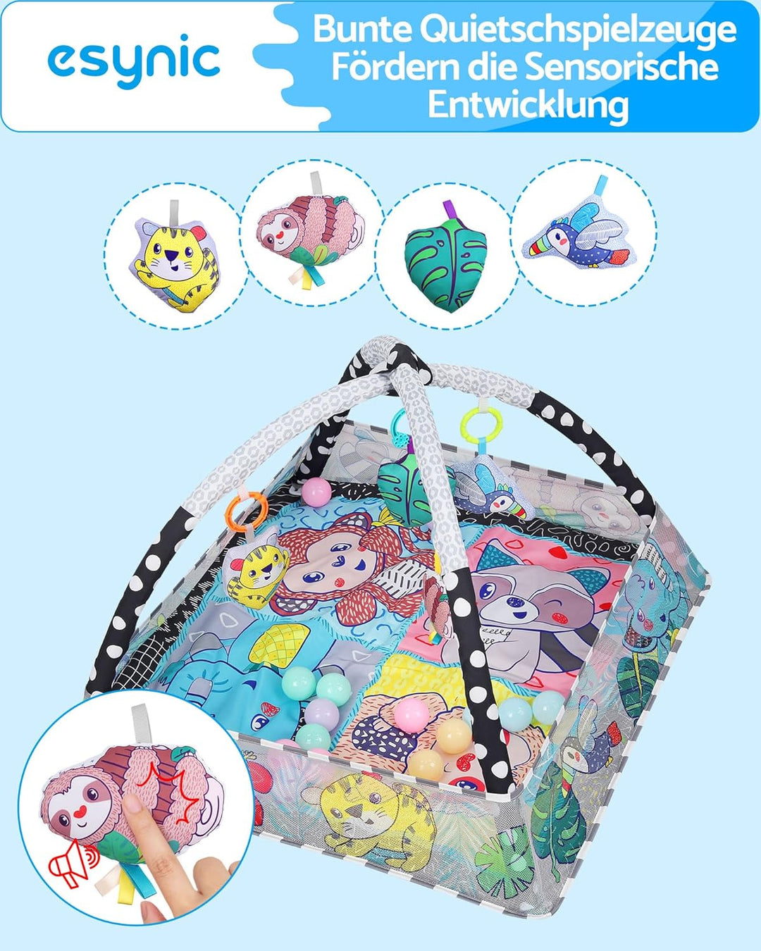 eSynic Baby Gym Spieldecke mit Spielbogen & Netz Baby Spielmatte für Bauchzeit 7-in-1 Krabbeldecke m
