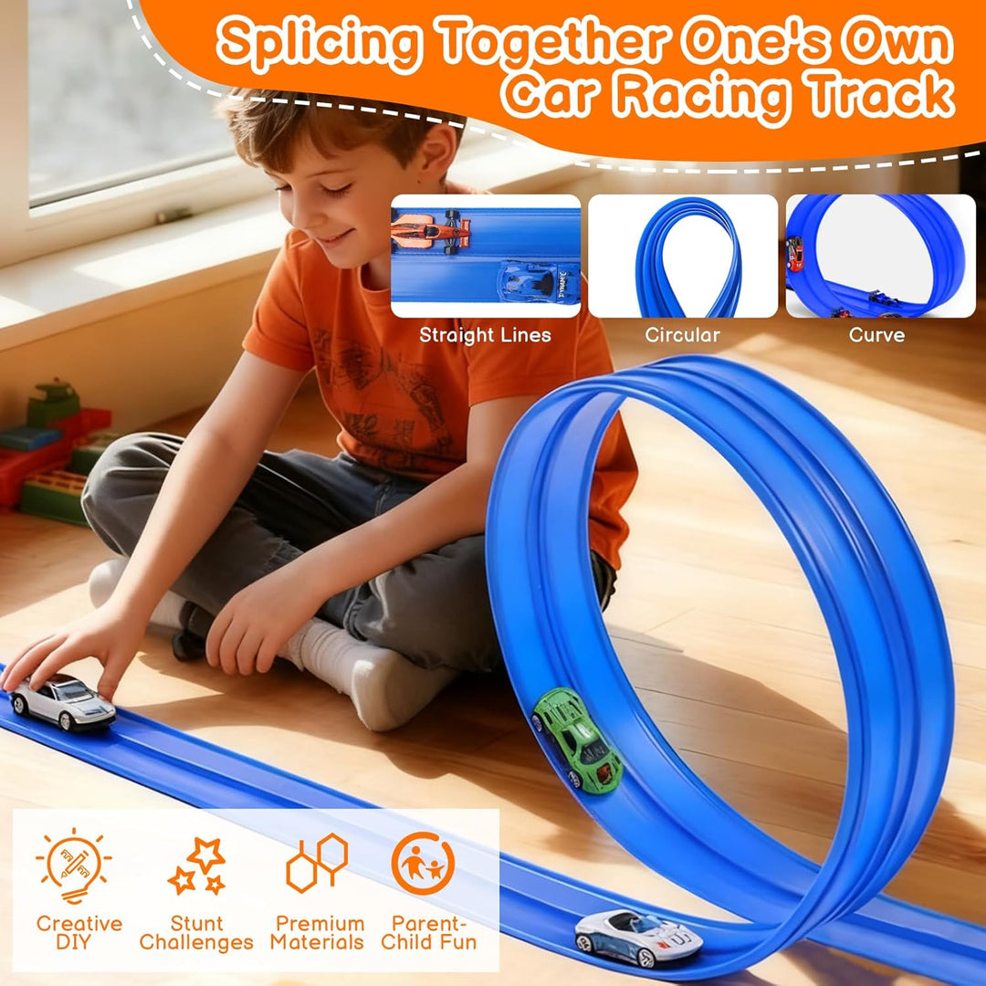 4M Flexible Autorennbahn Kinder,Dual Rennstrecke Rampen inkl 4 Spielzeugauto,Soft Rennbahn Spielzeug