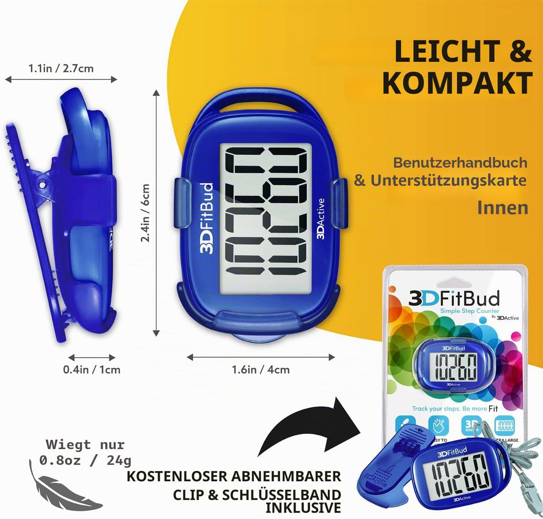 3DFitBud Einfacher Schrittzähler 3D von 3DActive mit Clip Lanyard Präziser Schrittzähler Grosses Dis