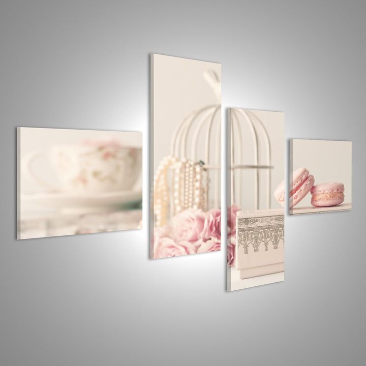 Bild Bilder auf Leinwand Vintage Rosen und Perlen mit Makronen über Box Wandbild, Poster, Leinwandbi