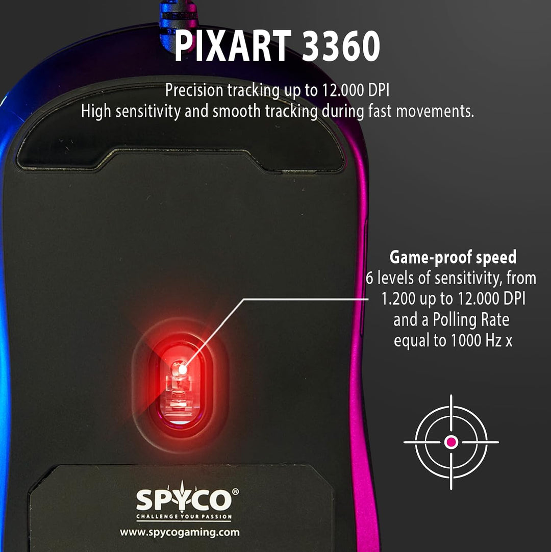 SPYCO - Gaming-Maus | PMW 3360 Chipsatz | 12.000 DPI | 1000 Hz Polling Rate | RGB-Licht | 96 g | 6 p