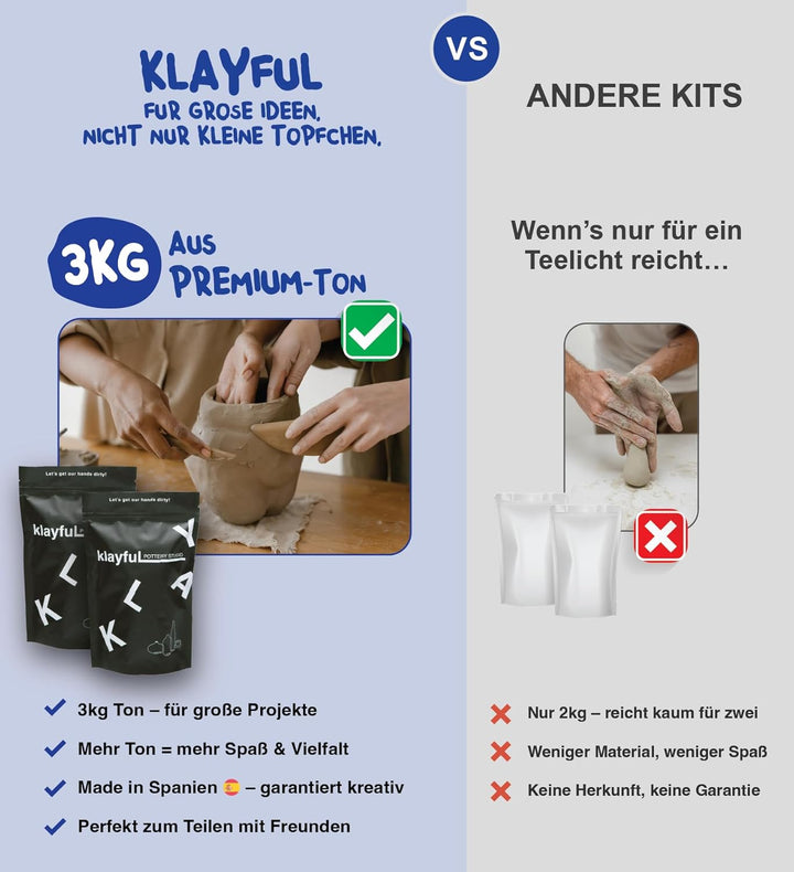 KLAYFUL Ton Töpferset für Anfänger für zu Hause - Lufttrocknend. Das Kit enthält: 3 kg weissen Ton,