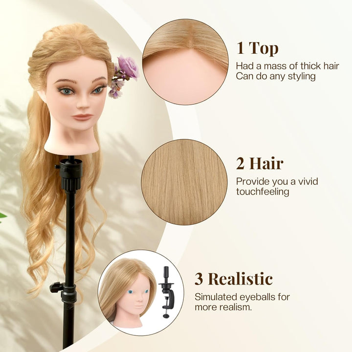 Neverland Frisierkopf 60% Echthaar Friseurkopf 24 Zoll Trainingsköpfe für Friseure Übungskopf Friseu
