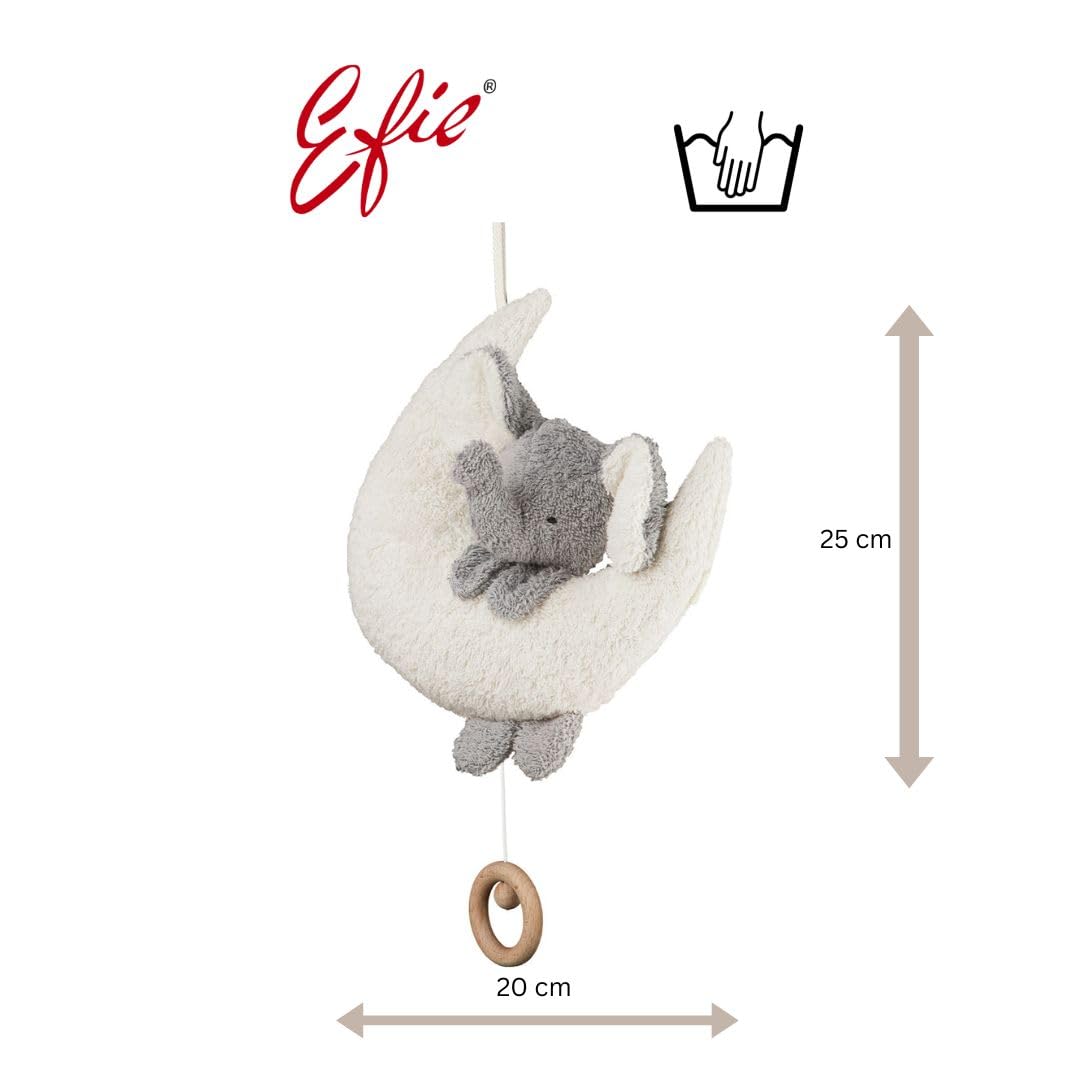Efie Bio-Spieluhr Elefant auf Mond – 100% Baumwolle (kbA), Schurwollfüllung (kbT) – handgefertigt in