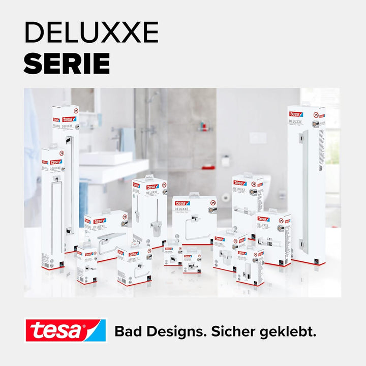 tesa DELUXXE Handtuchhaken, verchromt - Bad-Haken zur Wandbefestigung ohne Bohren, inkl. Klebelösung