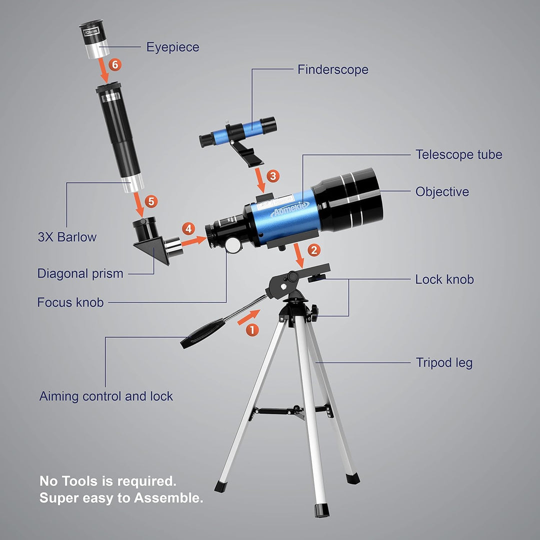 Aomekie Teleskop Kinder Einsteiger 70MM Teleskop Astronomie mit Smartphone Adapter Aluminium Stativ