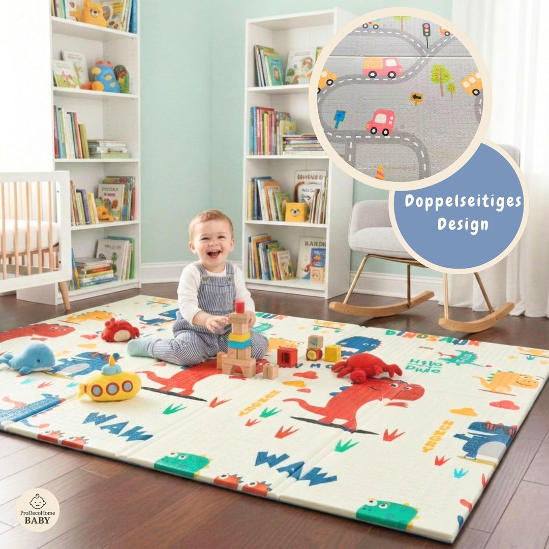 Krabbelmatte Baby, faltbar, doppelseitig, 150x180cm Dinosaurier und Autos | Kinder Spieldecke, Rutsc