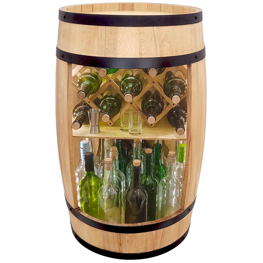 weeco Fassbar mit Weinhalter und LED Beleuchtung - Holzfass Hausbar 80cm. Rustikaler deko Barschrank