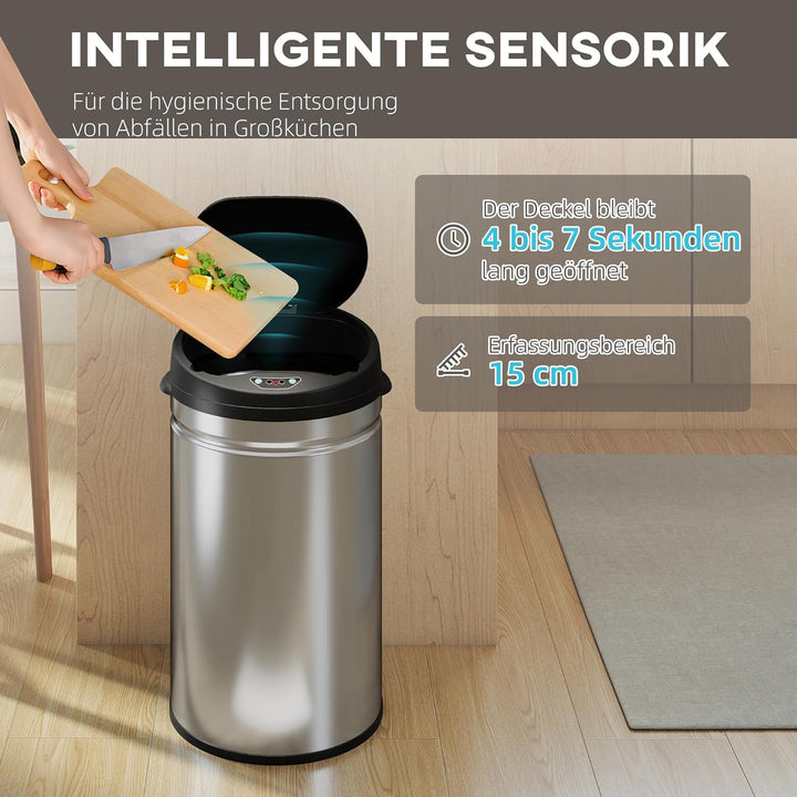 HOMCOM Mülleimer mit Sensor 30L Edelstahl Automatischer Leiser Mülleimer mit Soft-Close-Deckel, Bewe