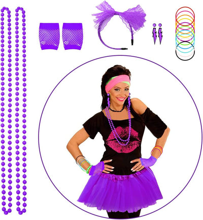 80er Jahre Outfit Damen Set, T-Shirt, Tutu, Gürteltasche, Stirnband, Ohrring, Halskette, Netzhandsch