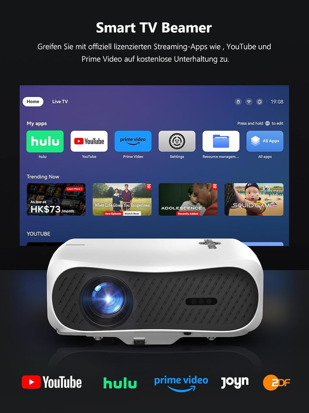Smart 4K Beamer LED Tageslicht Projektor 2400 ANSI HDR 10 mit WiFi6 Bluetooth5.4 HDMI eARC/CEC, ToF-