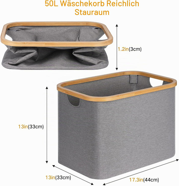 efluky Faltbarer Wäschekorb 50L, Bambus Stoff Faltbarer Storage Basket, Aufbewahrung Klappbar Wäsche