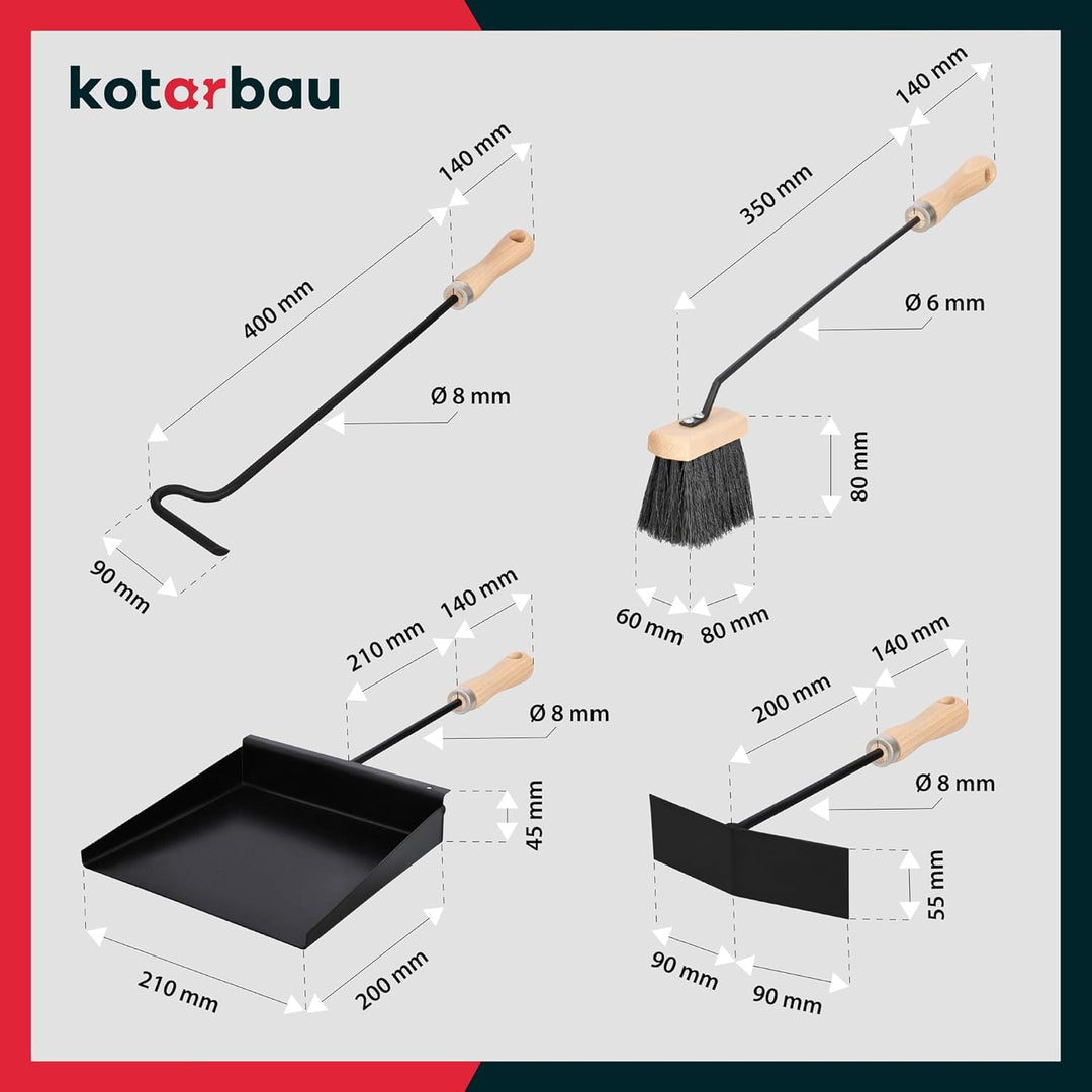 KOTARBAU® Kaminset 4tlg. Kaminbesteck Kaminzubehör mit Holzgriffe Ofenbesteck aus Stahl Besen Kehrsc