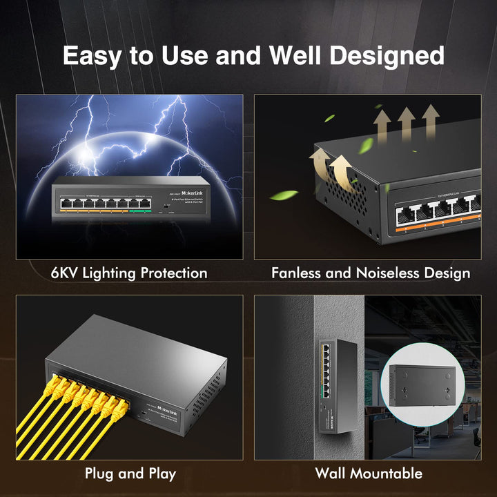 MokerLink 8 Port PoE Switch mit 6 PoE+ Port, 2 Uplink, 100Mbps, IEEE802.3af/at 78W AI Erkennung, Lüf