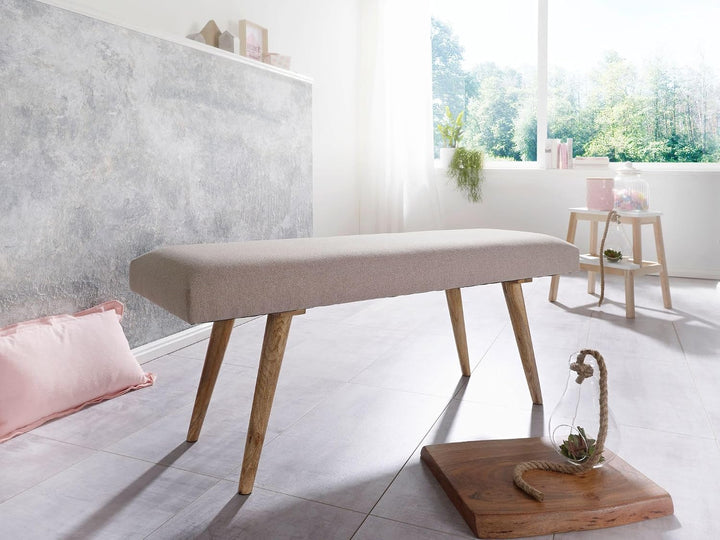 FineBuy Sitzbank Stoff/Massivholz Bank beige 117x51x38 cm im Retro Stil | 2er Polsterbank Flur | Gep