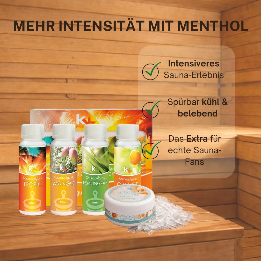 Sauna Set | KK Saunaaufgussset 4 x 100 ml + 50g Mentholkristalle | Saunakonzentrat + Menthol-Kristal