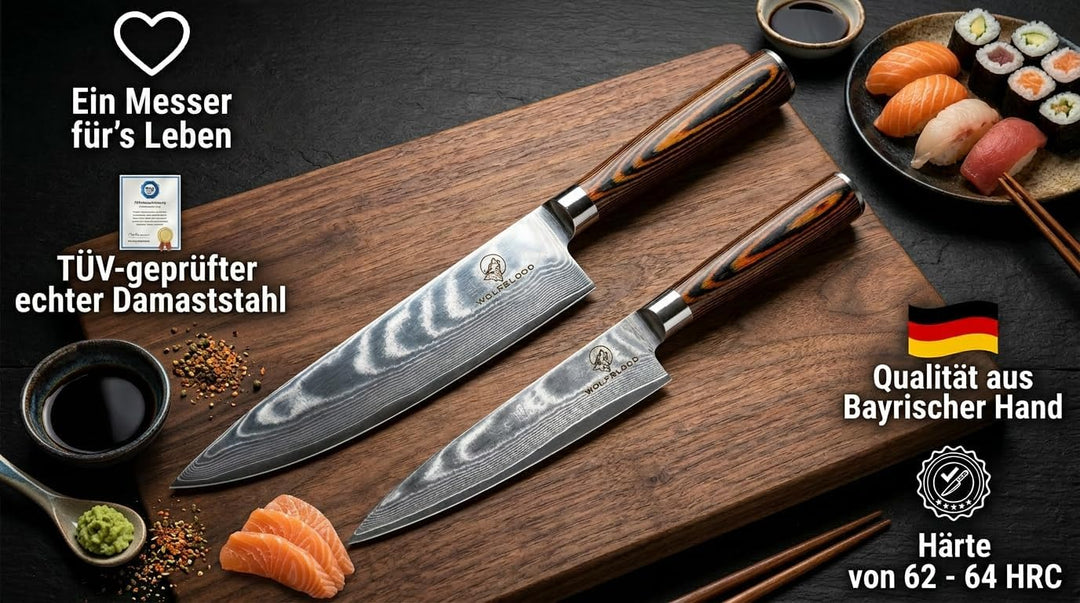 Wolfblood Damastmesser-Set 2er (32cm und 24cm) Profi-Damast-Küchenmesser Set aus 67 Lagen Damaststah