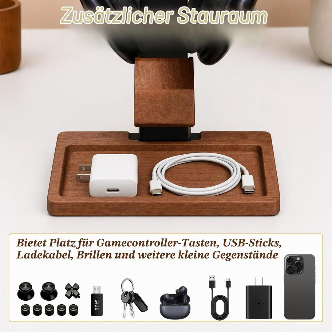 3 in 1 Kopfhörerhalter und Controller Halterung Holz, Zweigeschossig Kopfhörer Ständer mit Sockel, T