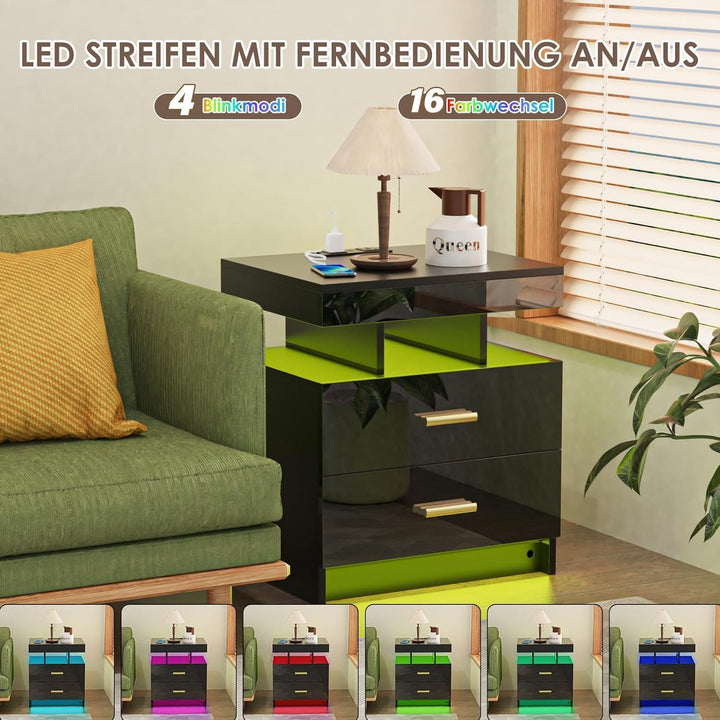 PIPIPOXER Nachttisch mit LED, Nachtschrank mit Steckdose und Ladefunktion, Beistelltisch mit 2 Schub