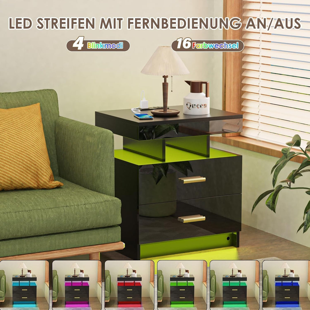 PIPIPOXER Nachttisch Schwarz 2er Set, Nachttisch mit LED, Nachtschrank mit Steckdose und Ladefunktio