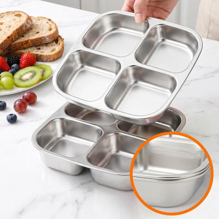 CSYY 2 Stück Edelstahl Snackboxen, 4 Fächern Lunchbox Wiederverwendbare Snack Behälter Leckdichte Be