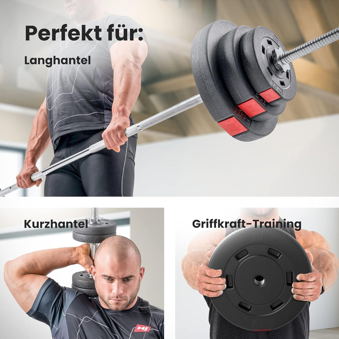 Hop-Sport Hantelscheiben-Set 5, 10, 20, 30 kg Kunststoff Gewichte 30 mm Hanteln Gewichtsscheiben 4x5