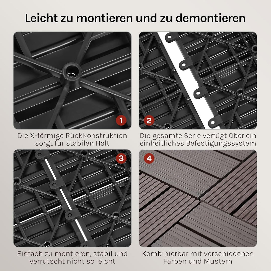 WOLTU WPC Fliese, Terrassenfliesen Holz-Optik, Bodenbelag mit Klicksystem, 30 x 60 cm, Braun (12 Stü