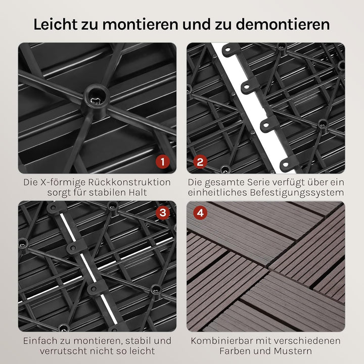WOLTU WPC Fliese, Terrassenfliesen Holz-Optik, Bodenbelag mit Klicksystem, 30 x 60 cm, Braun (12 Stü