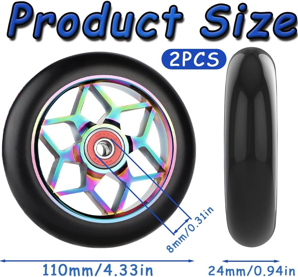2 Stück Stunt Scooter Rollen,110mm Ersatzräder für Scooter, Stunt ScooterReifen ABEC-9 Kugellager,Al