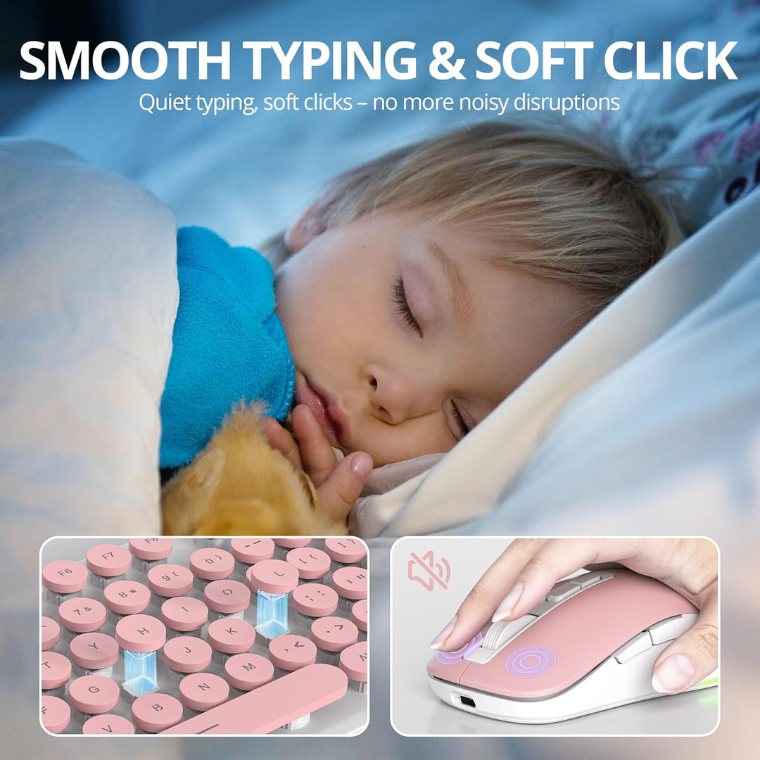 SOLIDEE Beleuchtetes Kabellose Tastatur und Maus Set, 2.4 GHz Wiederaufladbar, Rosa Retro Schreibmas