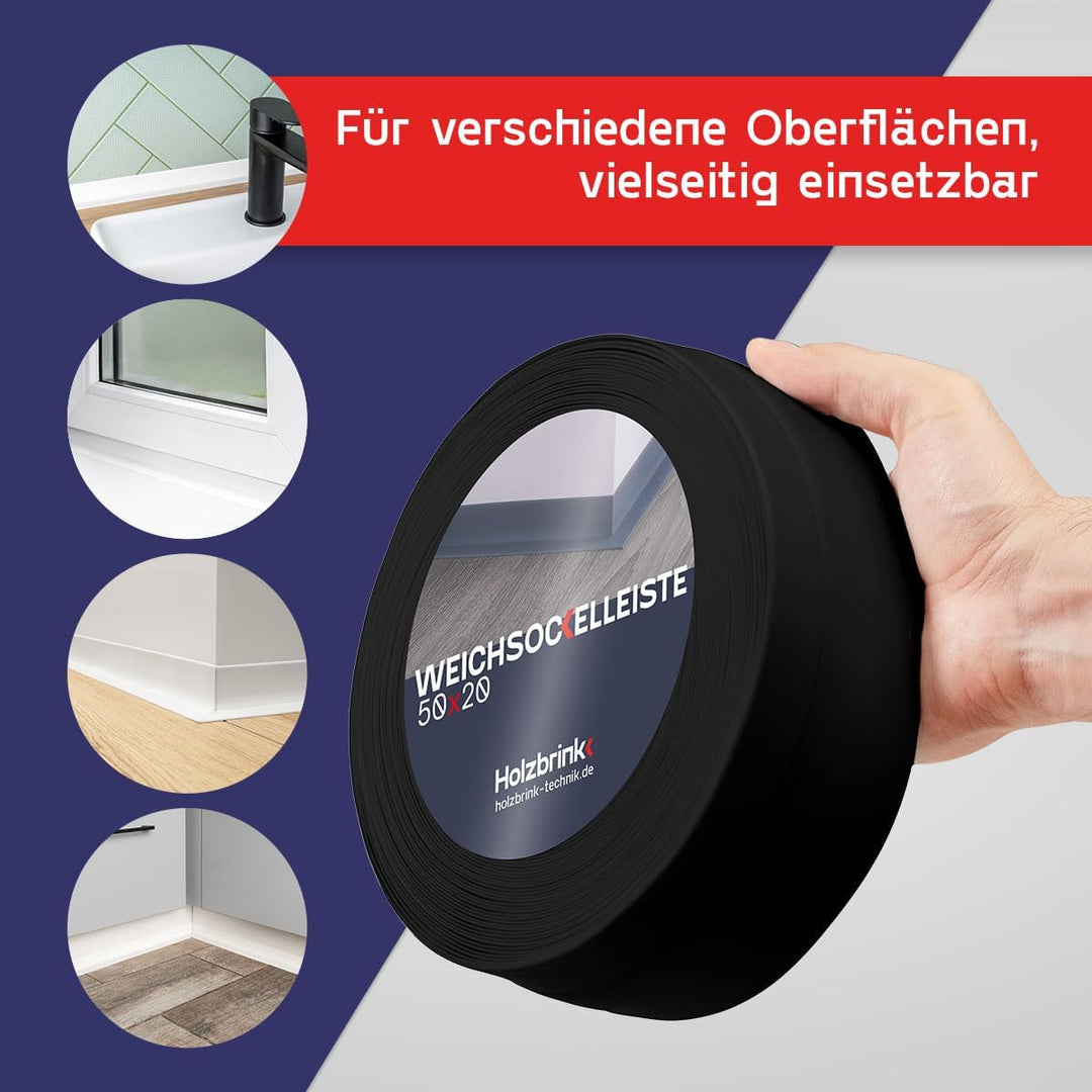 HOLZBRINK Weichsockelleiste selbstklebend SCHWARZ Knickleiste, 50x20mm, 25 Meter 25m Schwarz, 25m Sc