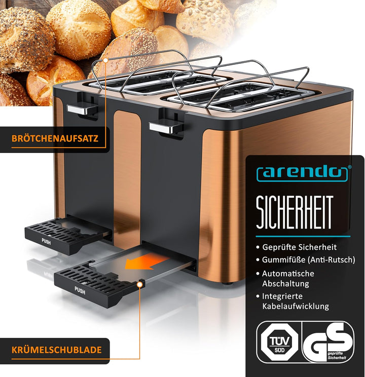 Arendo - Toaster 4 Scheiben Edelstahl - mit Brötchenaufsatz - LED Anzeige Restzeitanzeige – Doppelwa