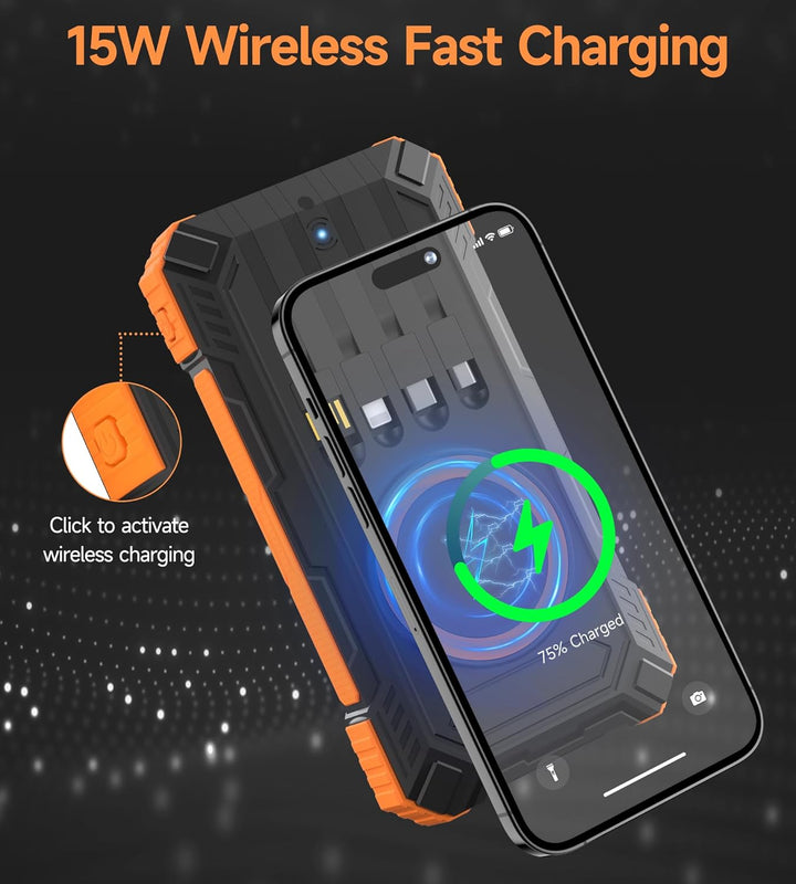 56800mAh Solar Powerbank, Wireless Power Bank gross mit 4 Kabeln, 30W PD Schnellladefunktion, 6 Ausg