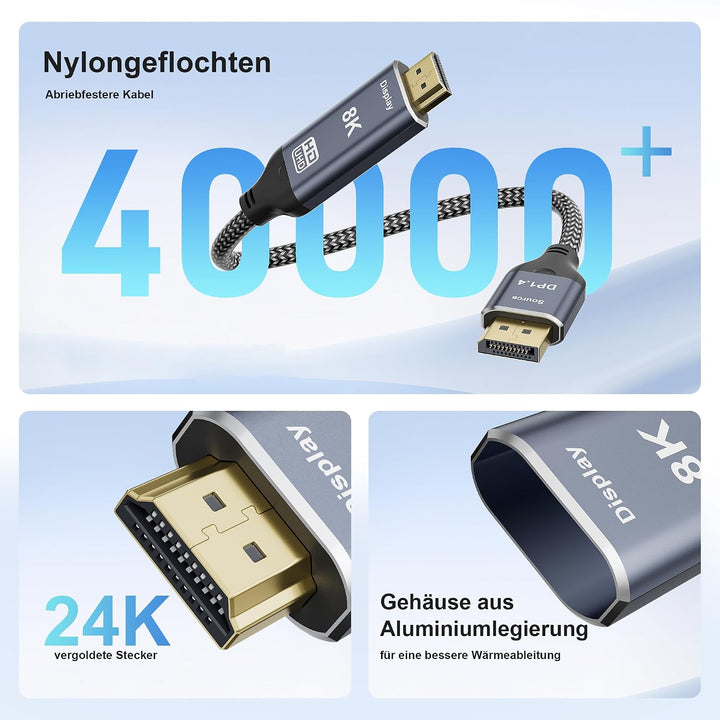 8K DisplayPort 1.4 zu HDMI 2.1 Kabel 2M, 8K@60Hz 4K@120Hz 2K@240Hz, HDR, Nur von DP zu HDMI Für NVID