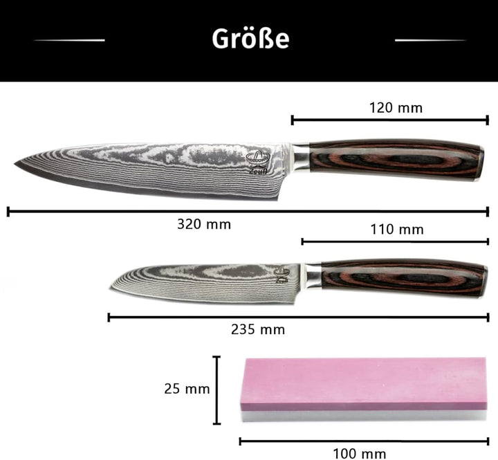 Zeuss Damastmesser-Set 2er (32 cm und 24 cm) Profi-Damast-Küchenmesser Set aus japanischem 67 Lagen