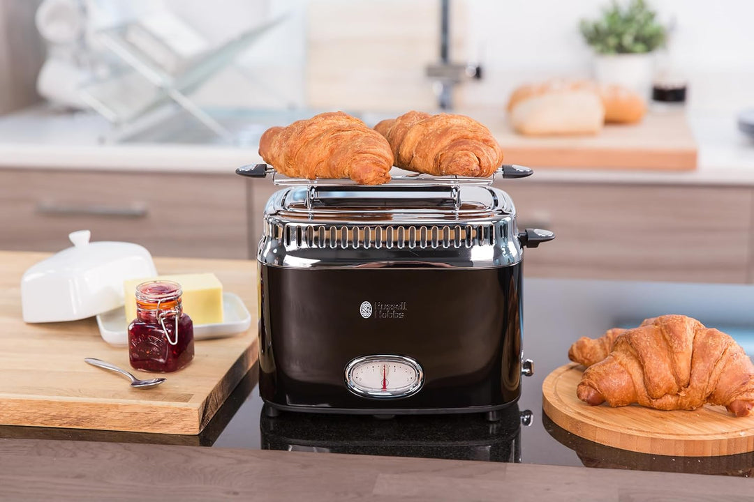 Russell Hobbs Toaster [für 2 Scheiben] Retro Edelstahl Schwarz (Countdown-Anzeige im Retrodesign, in