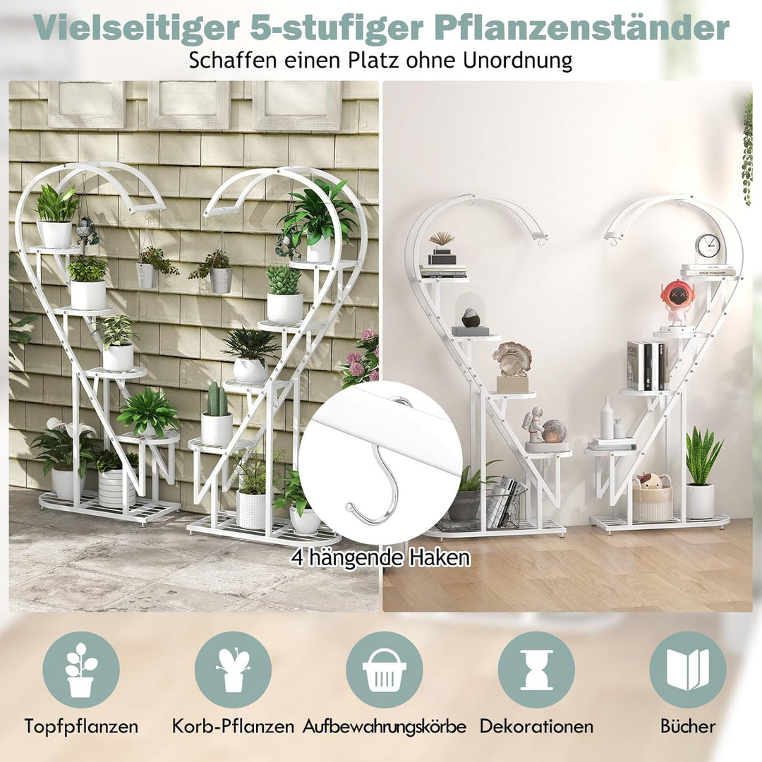 GOPLUS 5-stufiger Metall-Pflanzenständer in Herzform, Pflanzenregal mit 4 Aufhängehaken, Lamellenabl