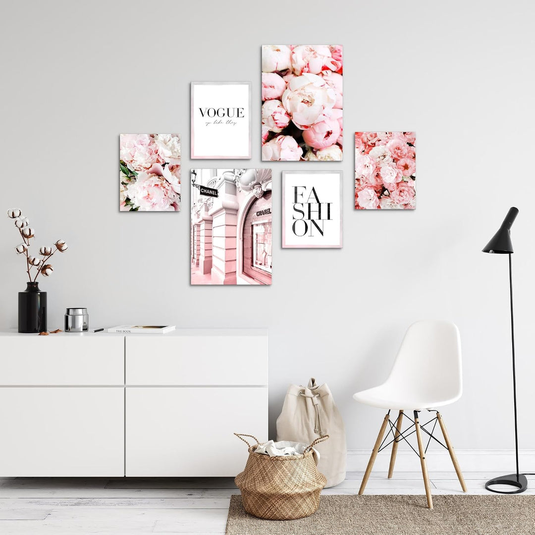 Novart Wandbilder Set Coco Fashion Blumen Rosa - KEIN EXTRA RAHMEN BENÖTIGT - Modern Deko - Wohnzimm