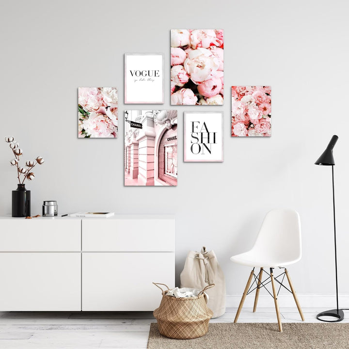 Novart Wandbilder Set Coco Fashion Blumen Rosa - KEIN EXTRA RAHMEN BENÖTIGT - Modern Deko - Wohnzimm