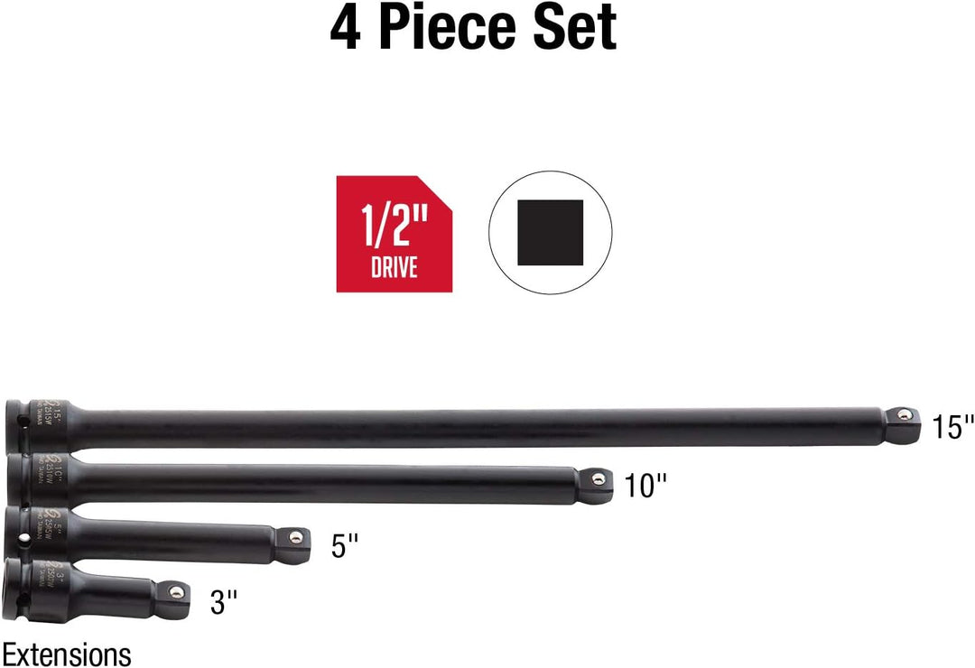 Sunex 2504 1/2 Zoll Antrieb Schlagverlängerung Set 4-teilig SAE 3" - 15" Cr-Mo Stahl Radius Eckdesig
